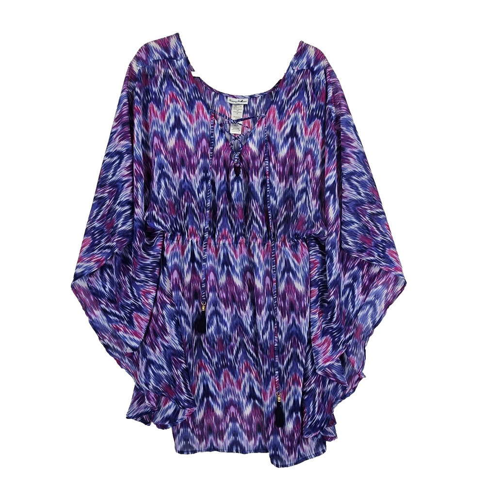 Tommy Bahama Sheer Ikat Tunic Top Womens XL Kimono‎ Sleeve Tassel Resort Coverup
